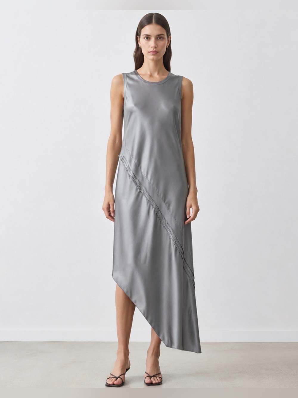 Helmut Lang Lacquered Silk Tank Dress Grey Pebble Asymmetric Hem NWT Small $520